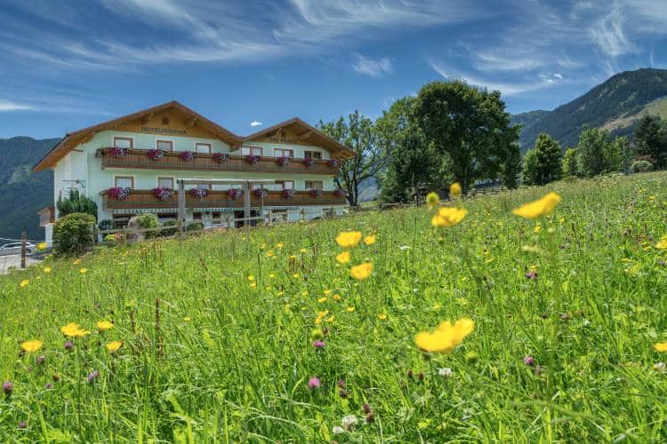 Hotel-Pension Das Platzl von außen vor einer grünen Blumenwiese